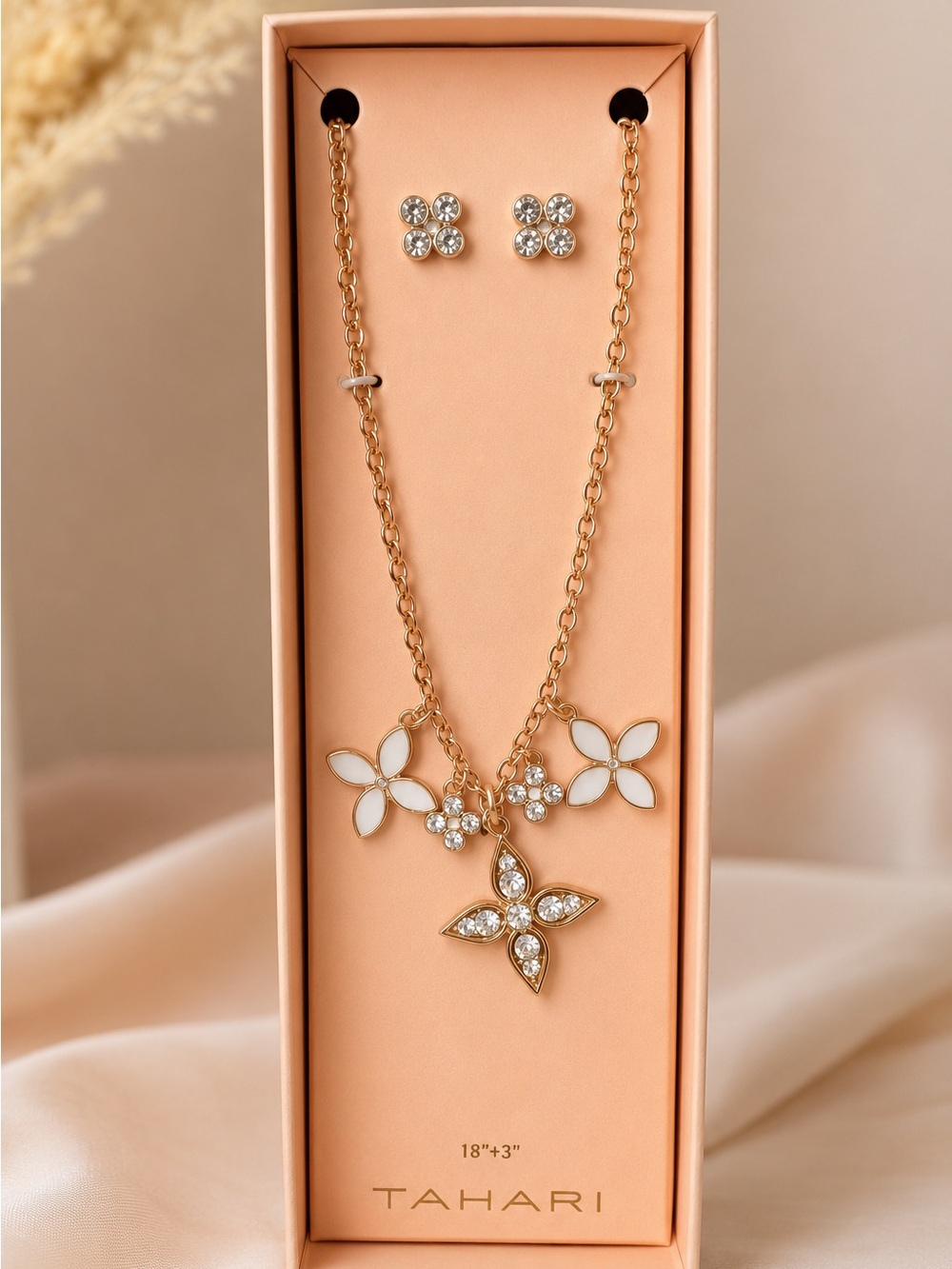 Tahari Gold and White Floral Charm Necklace with Crystal Stud Earrings
